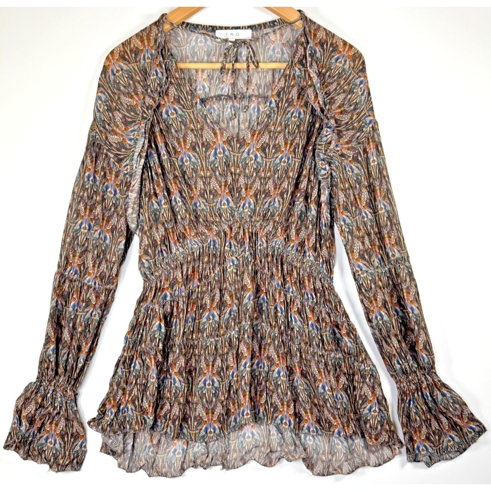 IRO Paris Janie Blouse 38 Brown Earth Tones Smocked Peplum Viscose Crinkle